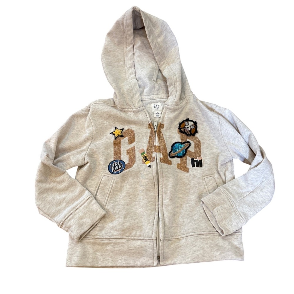 Gap Hoodie Kids Oatmeal Good Glitter Patches Zip Up Sweatshirt SIZE XS 4-5‎
